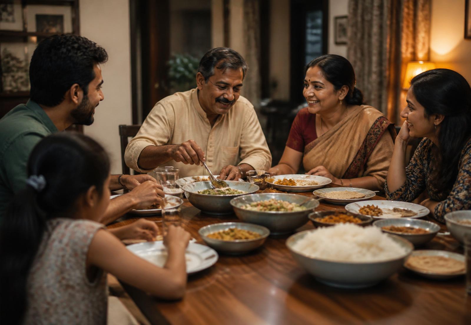 An Indian family sharing a home-cooked meal