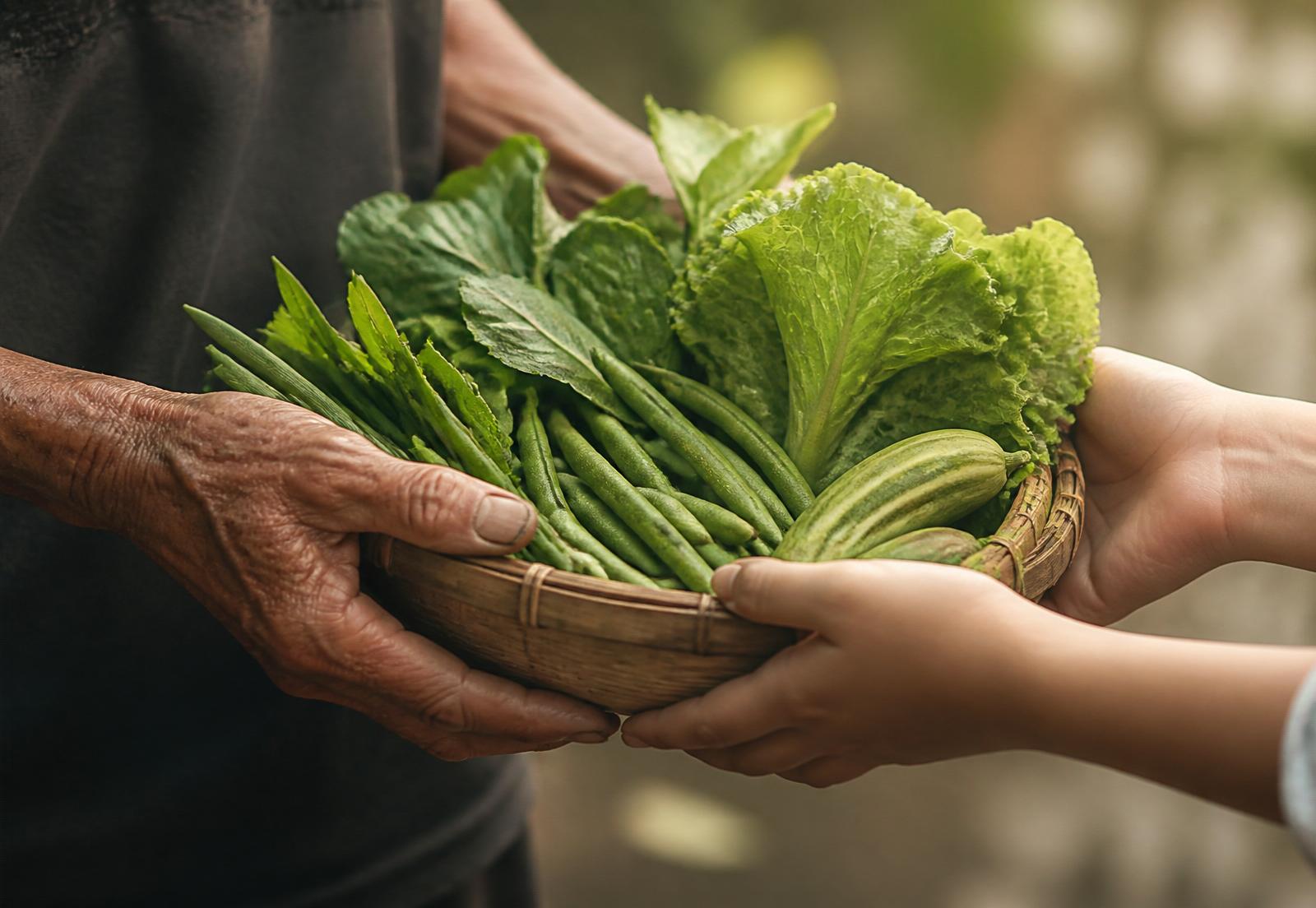 Hands exchanging a basket of fresh vegetables